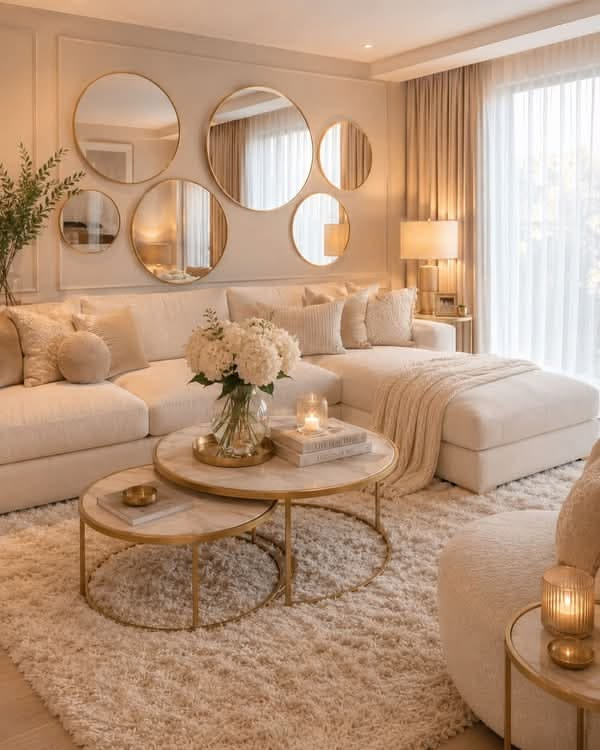 Elegant modern living room with mirrors